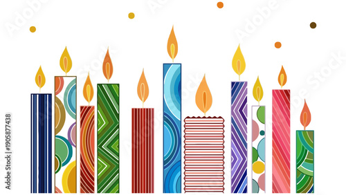 A row of colorful lit candles with decorative patterns against a white background.