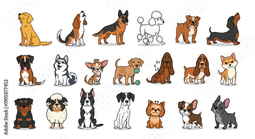 Diverse Dog Breeds Cartoon Set: Playful Illustrations for Children's Books, Pet Products, Veterinary Clinics, and Engaging Educational Resources