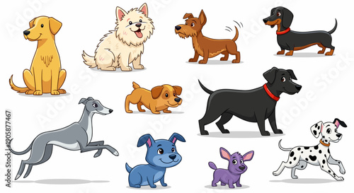 Cartoon Canine Collection: Playful Puppies in Various Breeds for Children's Illustration, Storybooks, and Pet-Related Designs, Showcasing Joyful Dog Characters
