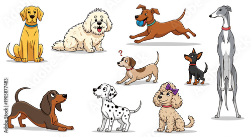 Cheerful Canine Collection: A Cartoon Assortment of Delightful Dog Breeds for Pet Lovers and Children's Illustrations, Featuring Playful Pups of Various Sizes and Colors