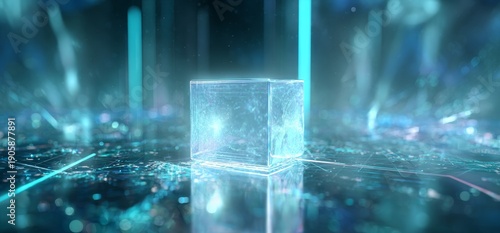 Glowing transparent cube in futuristic blue light technology background