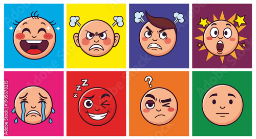 Diverse Emotional Expressions: A Vibrant Vector Set for Creative Projects, Exploring Human Feelings through Cartoon Faces, Ideal for Social Media, Education, and Design with a Playful and Engaging...