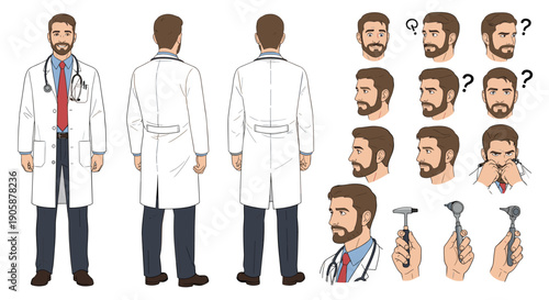 Friendly Doctor Character Design: Professional Medical Illustration for Healthcare, Clinic, and Doctor's Office Visuals in Modern Style, with Diverse Poses, Expressions, and Doctor's Tools