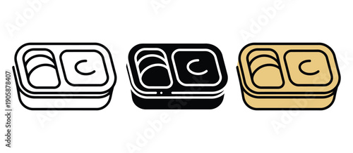 Meal prep food container icons featuring line, black, and brown variations, modern vector symbols for healthy meals, takeout food, meal delivery, restaurant menus, and illustrations.