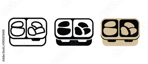 Meal prep food container icons in line, black, and brown variations, vector illustrations for to-go meals, takeout packaging, meal prep services, restaurant branding, and digital design projects.