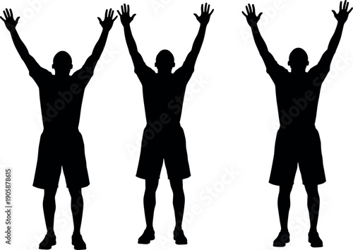 Silhouette of Three Men Raising Hands Up in Celebration, Victory, Success, or Worship Isolated on White Background Vector Illustration