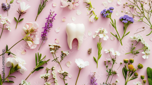White tooth model surrounded by wildflowers and herbs on soft background representing natural eco dental care