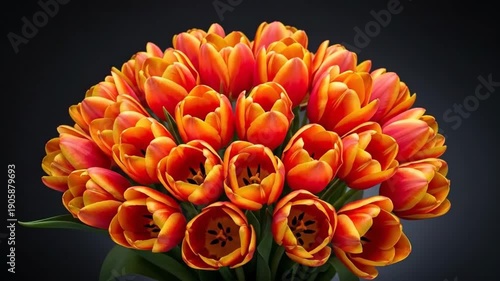 A vibrant bouquet of orange and red tulips in a circular arrangement.