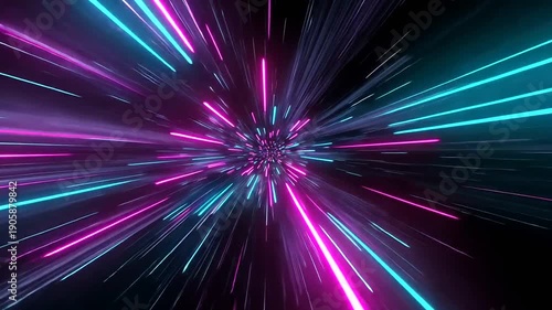 Futuristic tunnel of pink and blue neon streaks speeding through darkness