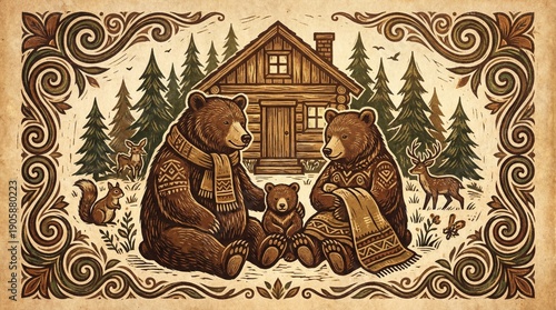 feliz Family of brown bears with cub in front of log cabin in snowy forest with trees and decorative border