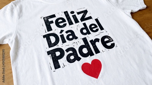 feliz White t shirt with ' da del padre' text and red heart on wooden table for father's day