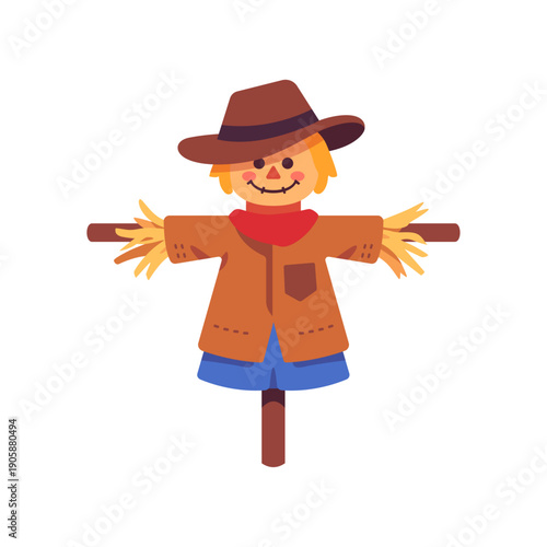 classic scarecrow, farm village guardian, colorful vector flat style illustration