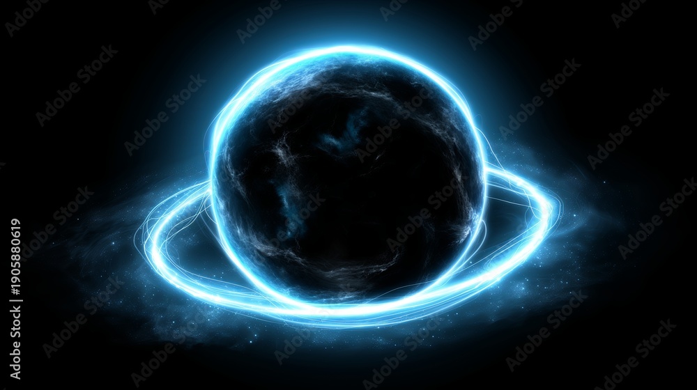Obraz premium Abstract blue plasma sphere with glowing energy rings and light trails on a black background.