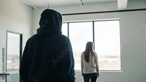 A person in a hoodie observes another walking away through large windows in a bright, spacious room