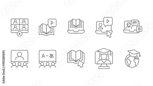 Collection of line art icons representing online education and learning concepts.
