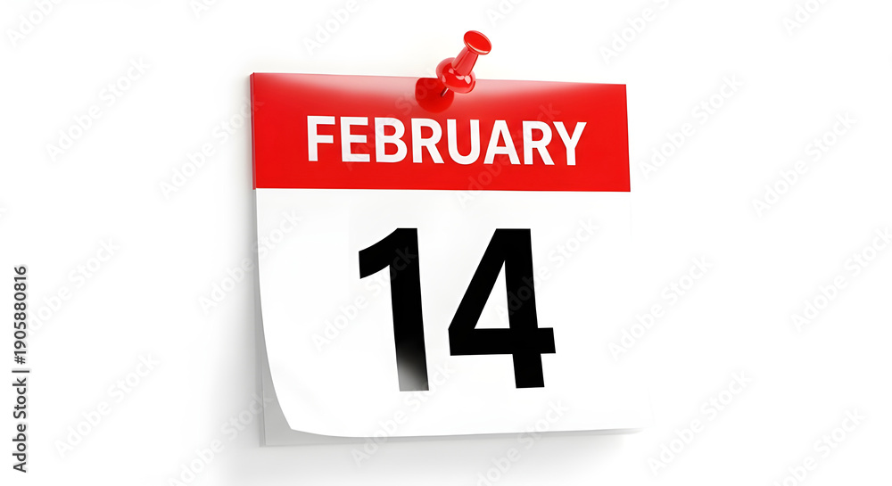 Fototapeta premium Calendar page showing february 14th pinned with a red thumbtack, isolated on white background