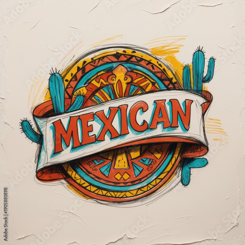 A vibrant, hand-drawn logo for a Mexican restaurant features a cactus and traditional ethnic patterns. The colorful, energetic design creates an inviting brand identity.