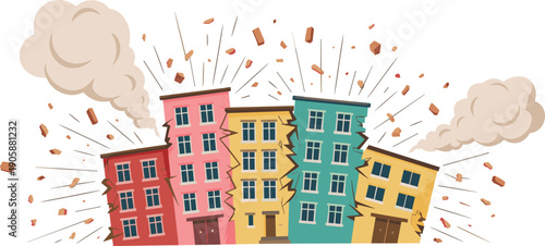Colorful city buildings shaking during earthquake, cracked houses collapsing, urban disaster illustration, seismic activity, damaged architecture, emergency concept, warning, risk
