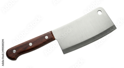Sharp kitchen meat cleaver with wooden handle isolated on white background