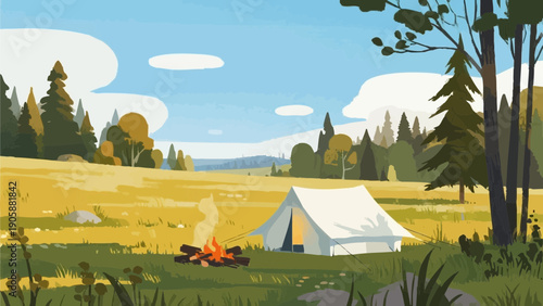 Simple illustrations evoking camping. Scandinavian-inspired minimalist concept. Summer vacation. Leisure. Outdoors.