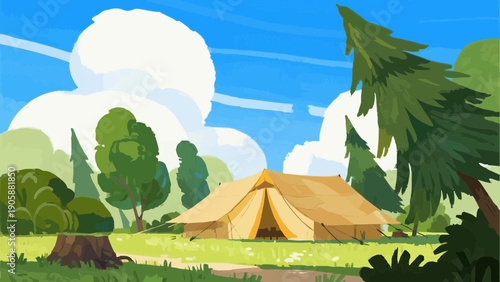 Simple illustrations evoking camping. Scandinavian-inspired minimalist concept. Summer vacation. Leisure. Outdoors.