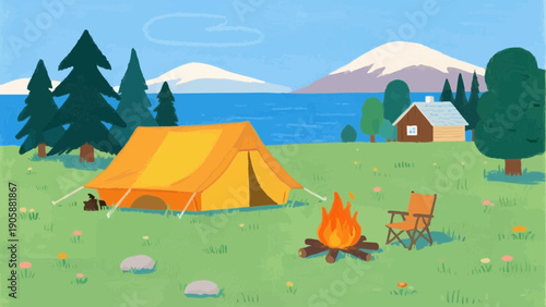 Simple illustrations evoking camping. Scandinavian-inspired minimalist concept. Summer vacation. Leisure. Outdoors.