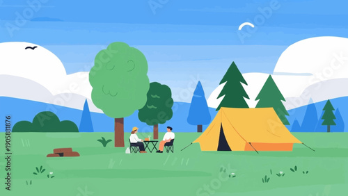 Simple illustrations evoking camping. Scandinavian-inspired minimalist concept. Summer vacation. Leisure. Outdoors.