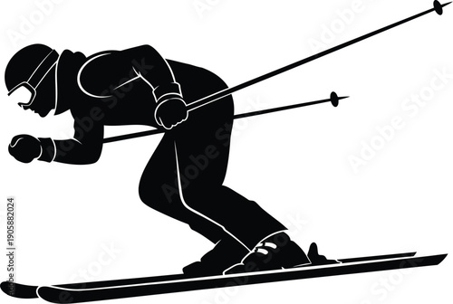 Black and white silhouette of a downhill skier in a crouched racing position on a white background