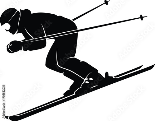 Silhouette of a professional skier in a tuck position descending a steep snowy mountain slope.