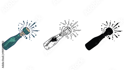Three illustrations of a champagne bottle opening with a pop and spray.