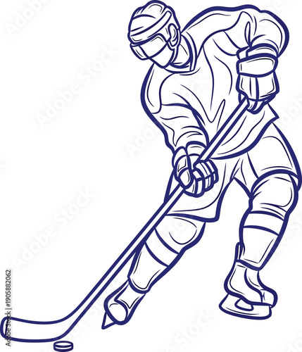 Blue line drawing of a professional ice hockey player in action on a white background.