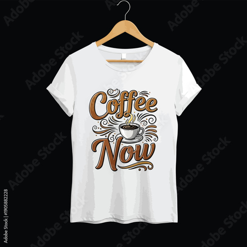 White t-shirt with a vintage coffee print hanging on a wooden hanger against a black background