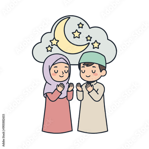 Muslim Couple Praying Under Crescent Moon.