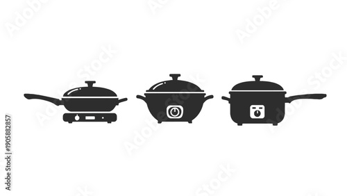 Three black kitchen appliances are displayed on a white background.