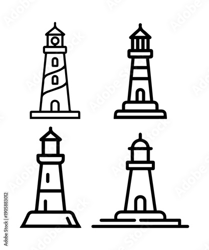 Minimalist Line Art Lighthouse Icon Set, Coastal Beacon Tower Monoline Vector