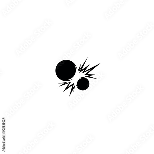 Abstract black and white illustration of two circles colliding with jagged lines, symbolizing impact or collision.