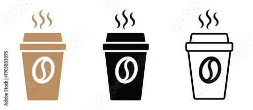 Coffee cup icons in various styles isolated on white background, flat and modern vector symbols for coffee shops, takeaway drinks, café branding, morning beverages, and digital illustrations.