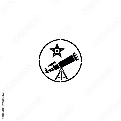 Telescope and star icon within a circle, symbolizing astronomy, stargazing, and scientific discovery. Vector graphic for research and space exploration.