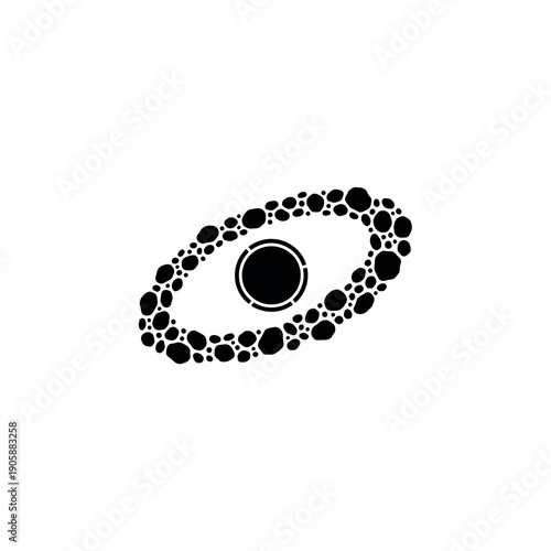 Stylized elliptical galaxy icon with a central black hole or core, representing cosmic structures and deep space. Abstract vector graphic.