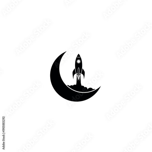 Rocket blasting off from a crescent moon, merging space exploration with celestial imagery. Iconic vector graphic for ambition and dreams.