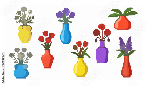 Decorative flower vase cartoon vector collection with blooming spring plants