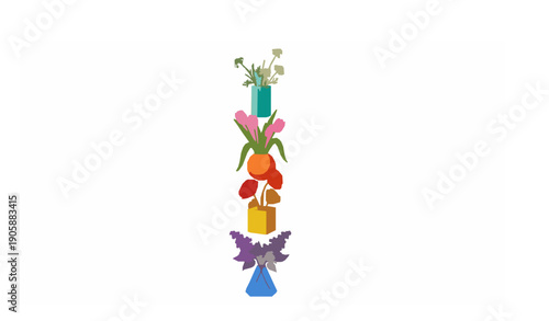 Flower vase vector set with chamomile tulip poppy and lilac for home interior decor