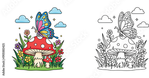 Cute cartoon butterfly sitting on red mushroom vector. Spring nature scene with flowers. Black and white outline for coloring book page.