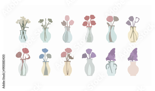 Minimal flower vase vector set with chamomile tulip poppy and lilac