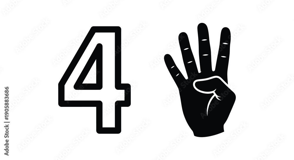 Fototapeta premium Black graphic of number four and a hand stark contrast silhouette
