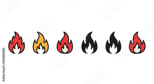 A row of six stylized flames in varying colors and shapes