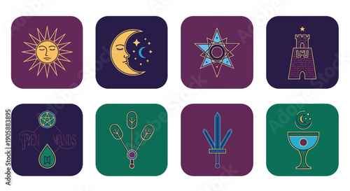 A collection of nine tarot card style illustrations with mystic symbols