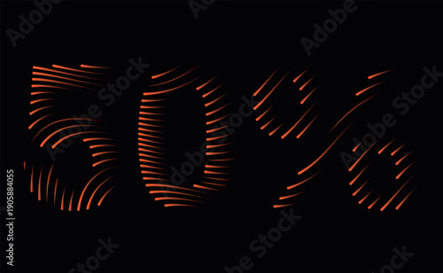 Modern 50 percent text created with dynamic glowing orange lines on a dark background suitable for digital sales offers and promotions