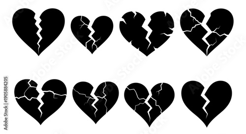 Multiple broken hearts with varying degrees of damage depicted in black