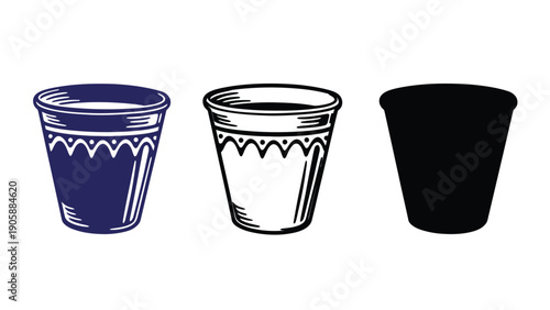 Disposable cup vector illustration set with blue, white, and black designs
